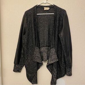 Pure DKNY Open Front lamb skin Leather Sleeve sweater Cardigan wool linen  M/L